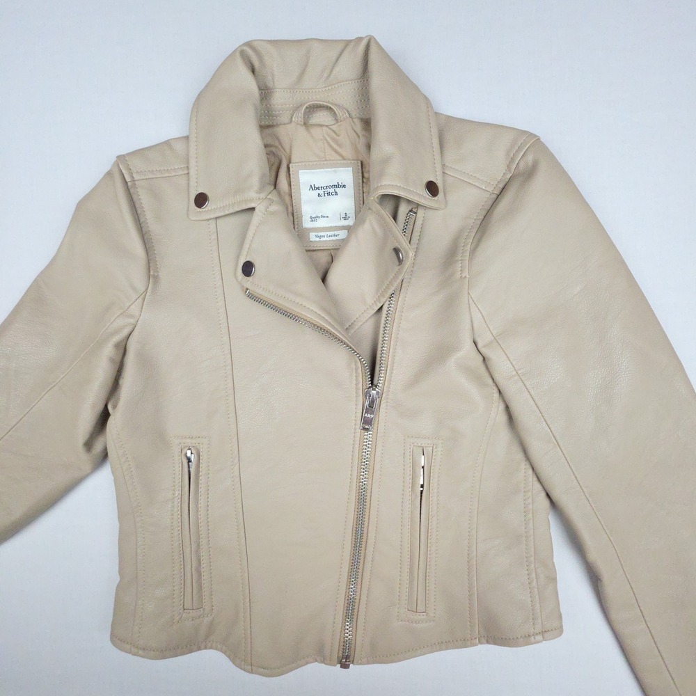 Abercrombie & Fitch Vegan Leather Moto Biker Jacket Womens Small Tan Beige
